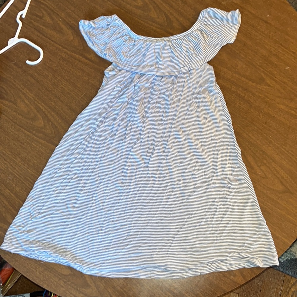 Poof! Girl knit ruffle top, blue/white striped dress